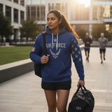 Roll Gear blue cotton blend hoodie with Air Force logo, stars on sleeves, and American flag patch. Relaxed fit.