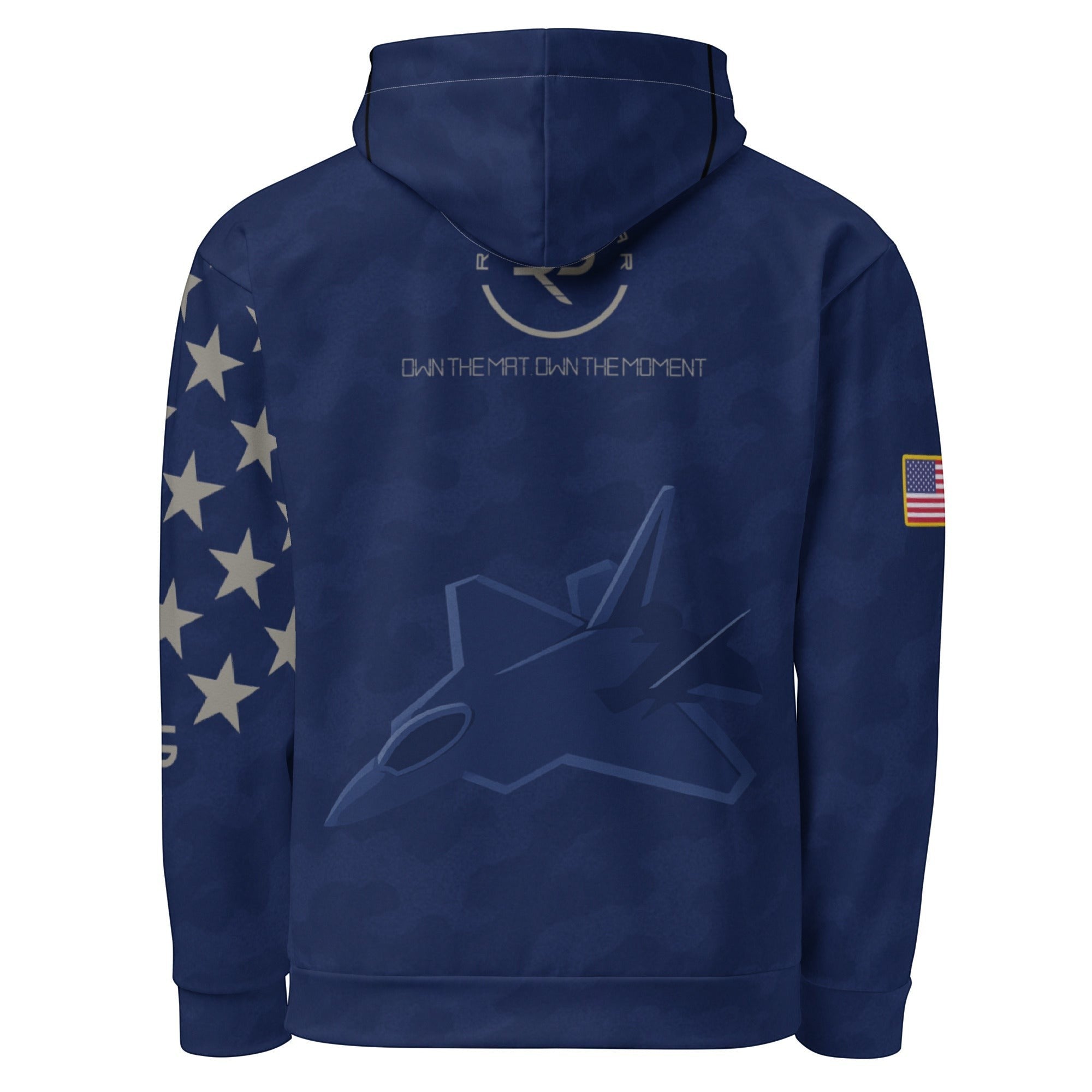 Roll Gear Air Force Military Hoodie in navy blue, back view.