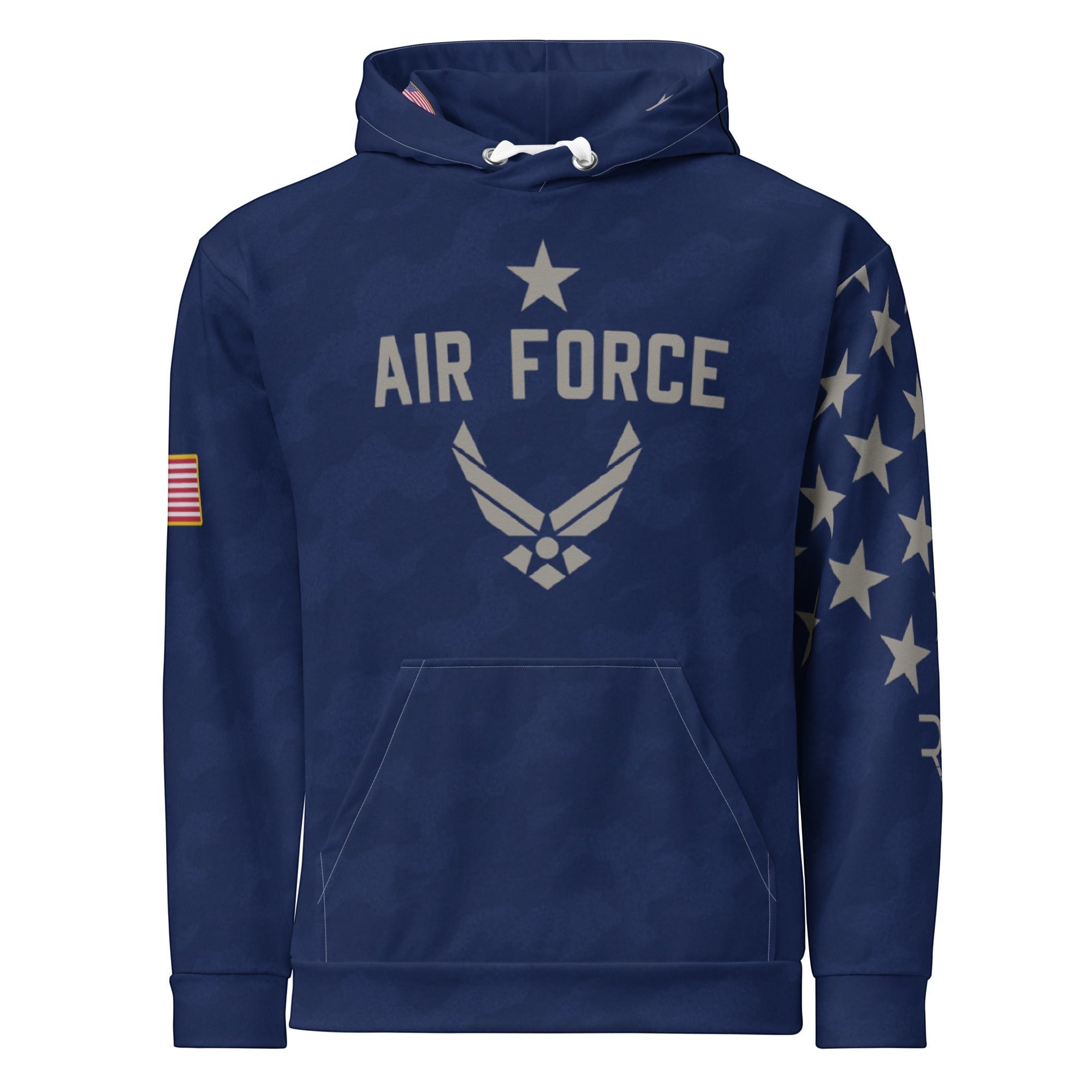 Roll Gear Air Force Military Hoodie in navy blue, front view.