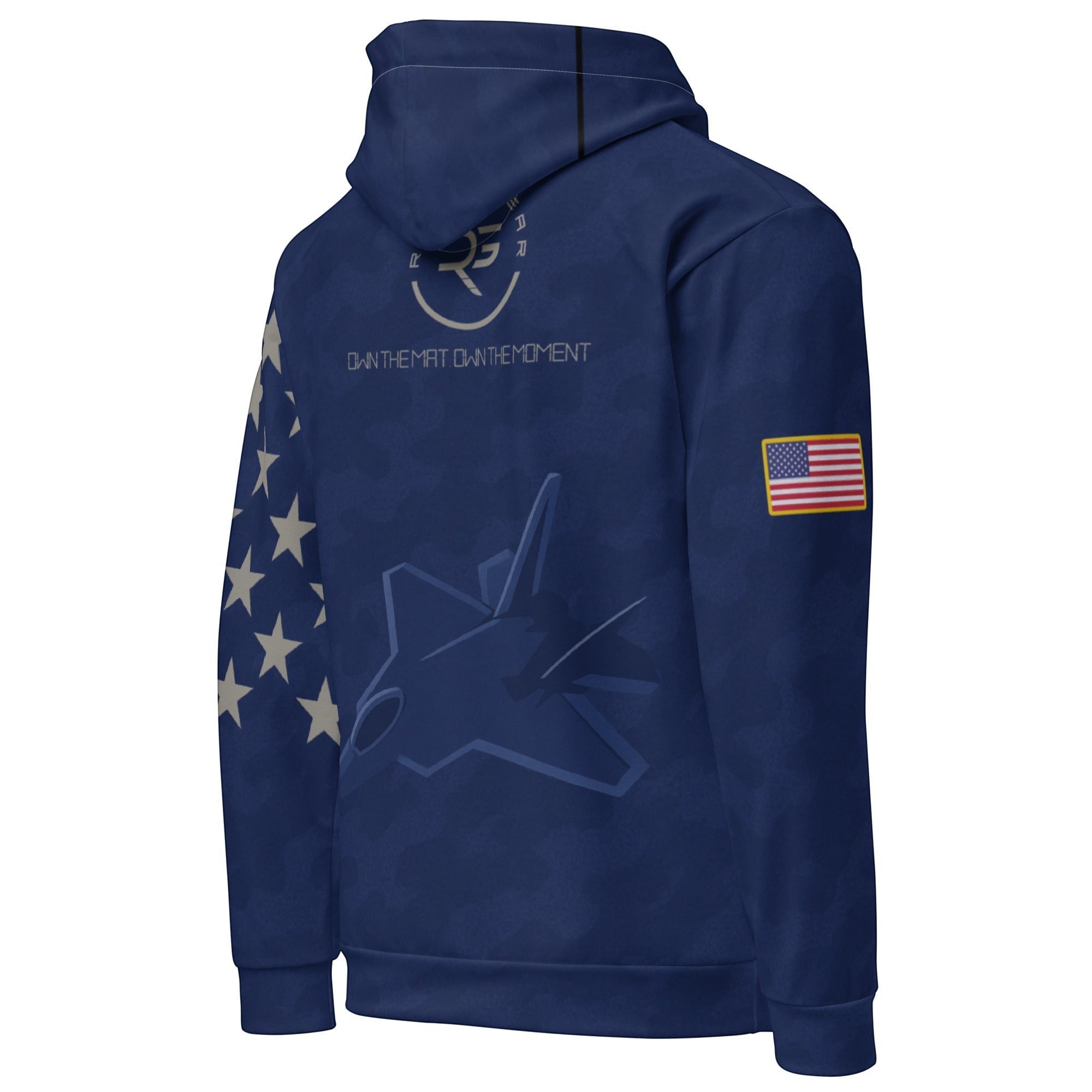 Blue hoodie with American flag design on a white background