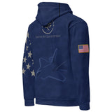 Blue hoodie with American flag design on a white background