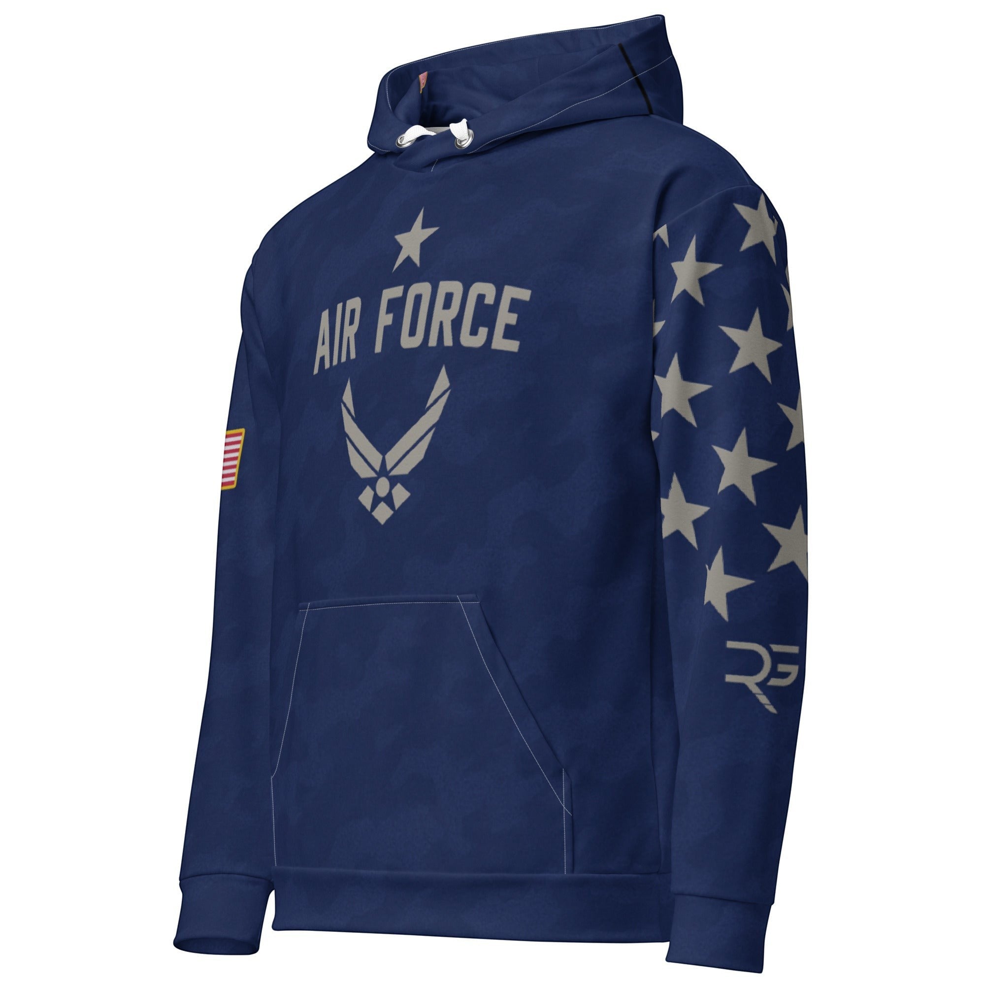 Roll Gear Air Force hoodie in navy blue with Air Force logo, star pattern on sleeve, and US flag patch.