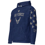 Roll Gear Air Force hoodie in navy blue with Air Force logo, star pattern on sleeve, and US flag patch.