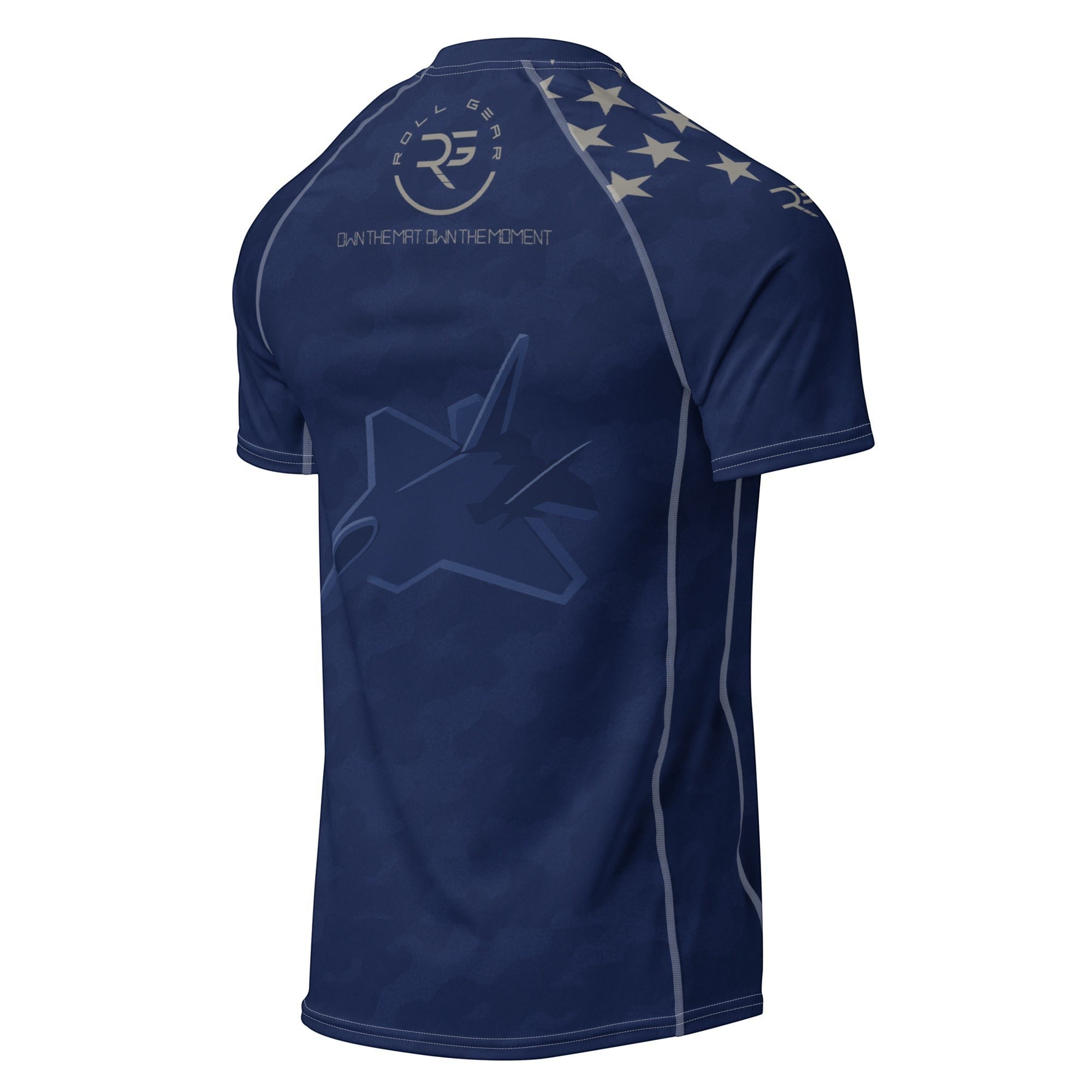 Roll Gear Unisex Air Force short sleeve rash guard in navy blue with Air Force graphics and stars on shoulders. Compression fit, performance fabric.