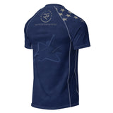 Roll Gear Unisex Air Force short sleeve rash guard in navy blue with Air Force graphics and stars on shoulders. Compression fit, performance fabric.