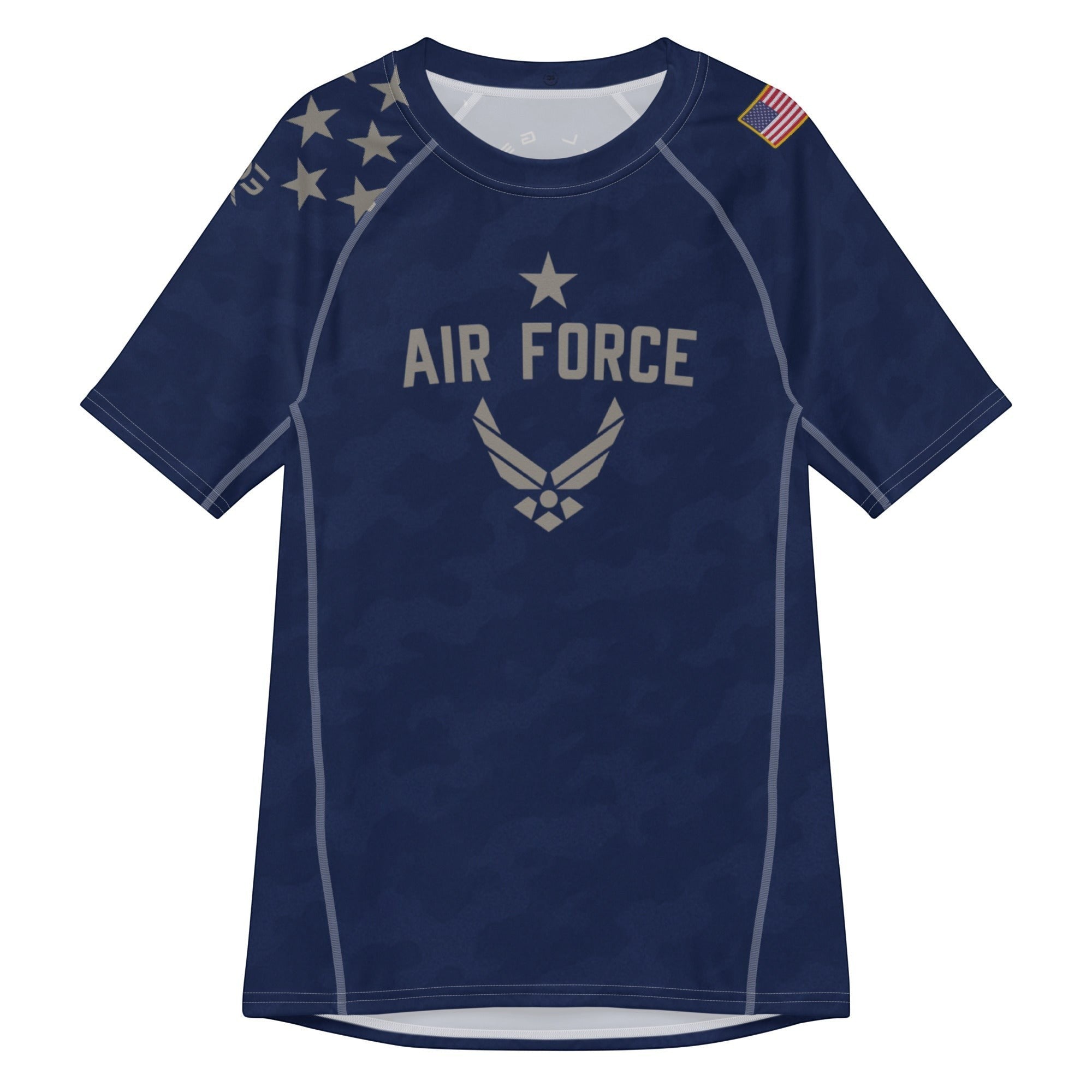 Roll Gear Unisex Air Force short sleeve rash guard in navy blue with Air Force graphics and US flag patch. Made from recycled polyester and elastane blend.