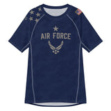 Roll Gear Unisex Air Force short sleeve rash guard in navy blue with Air Force graphics and US flag patch. Made from recycled polyester and elastane blend.