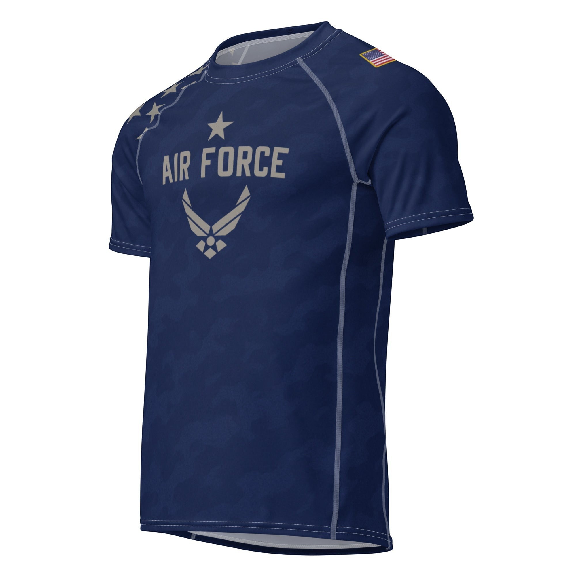 Roll Gear Unisex Air Force short sleeve rash guard in navy blue with Air Force graphics and US flag detail on shoulder. Made from performance fabric.