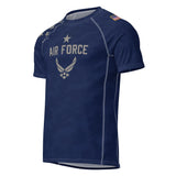 Roll Gear Unisex Air Force short sleeve rash guard in navy blue with Air Force graphics and US flag detail on shoulder. Made from performance fabric.