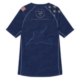 Roll Gear Unisex Air Force short sleeve rash guard in navy blue with camouflage print, jet graphic, and US flag detail.