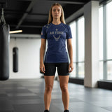 Roll Gear Unisex Air Force short sleeve rash guard in navy blue with silver graphics and US flag detail on sleeve. Compression fit, performance fabric.