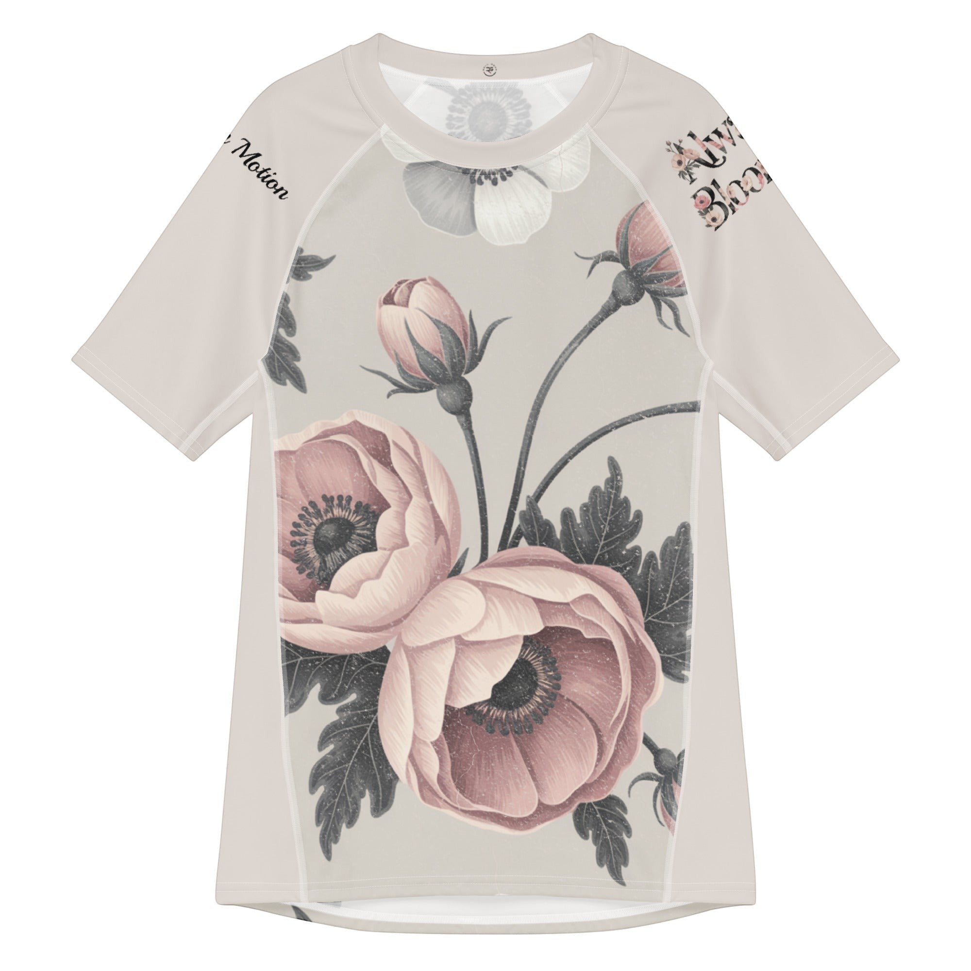 Roll Gear Always Blooming Women's Short Sleeve Rash Guard, flat front view, pink anemone print and script shoulders.