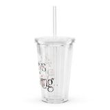 Roll Gear Always Blooming 16 oz clear double-wall tumbler with lid and straw, featuring floral accents and motivational text.
