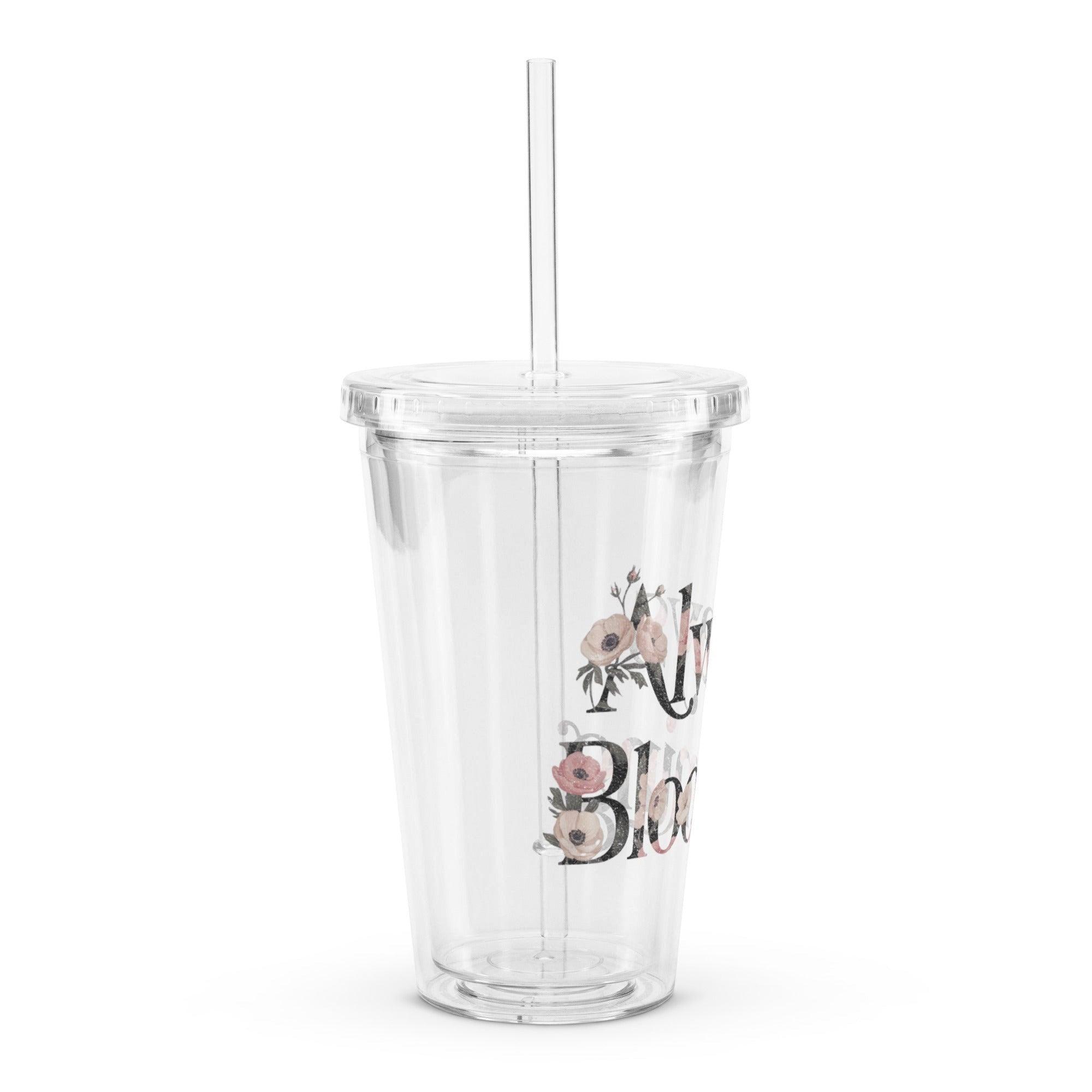 Roll Gear Always Blooming Clear Double-Wall Tumbler, floral Always Blooming print, front view.