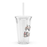 Roll Gear Always Blooming 16 oz clear plastic double-wall tumbler with lid and straw, featuring floral accents.