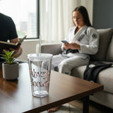 Roll Gear Always Blooming clear plastic double-wall tumbler with straw, 16 oz capacity, features floral design.