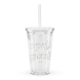 Roll Gear 16 oz clear double-wall plastic tumbler with lid and straw, featuring a floral "Always Blooming" design.