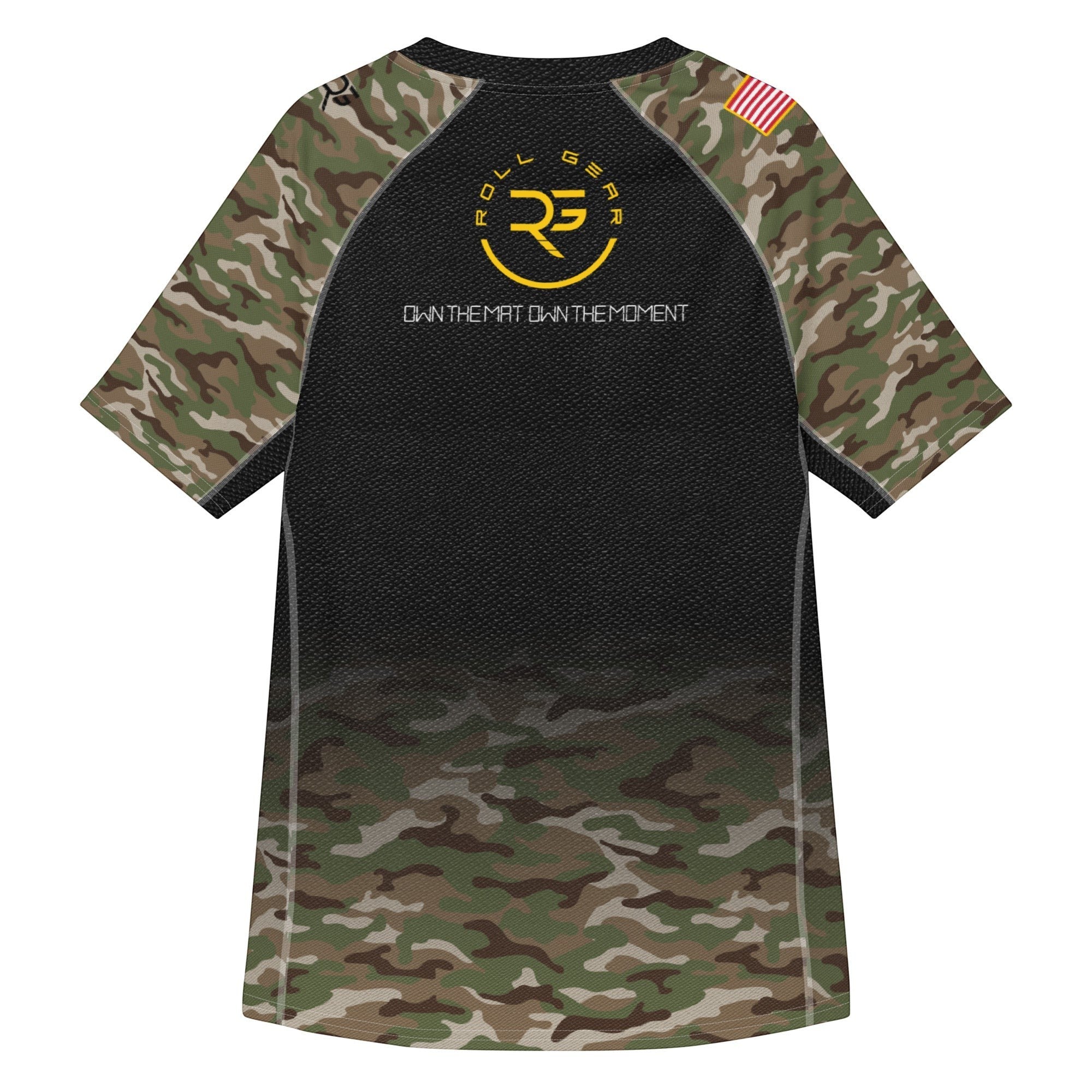 Roll Gear unisex short sleeve rash guard with black body and classic camo sleeves, featuring US Army graphics and star emblem.