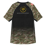 Roll Gear unisex short sleeve rash guard with black body and classic camo sleeves, featuring US Army graphics and star emblem.
