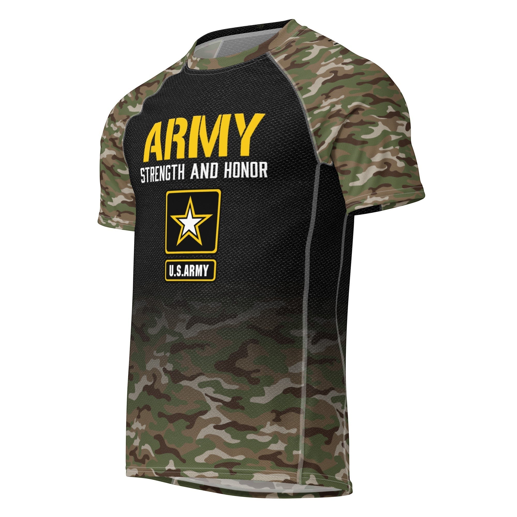 Roll Gear Unisex Army Classic short sleeve rash guard with black body, camo sleeves, yellow U.S. Army logo and star emblem. Performance polyester blend.