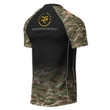 Roll Gear unisex short sleeve rash guard with black body and camouflage sleeves, featuring U.S. Army graphics and star emblem.