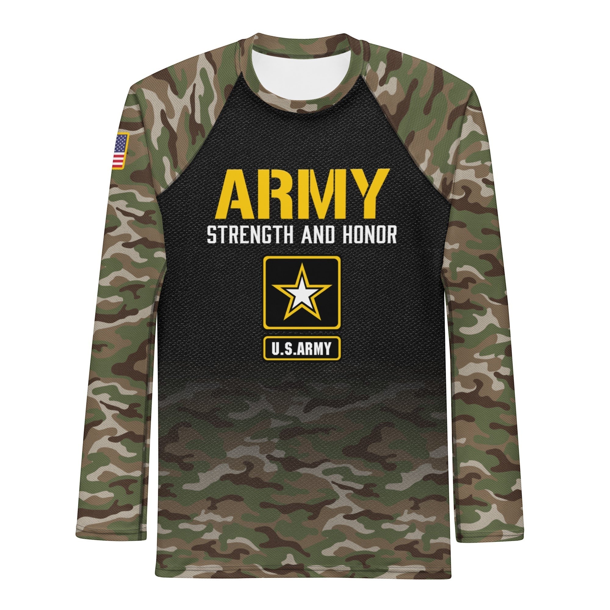 Roll Gear Men's Army Classic Long Sleeve Rash Guard, flat front view, Army Strength and Honor graphic.