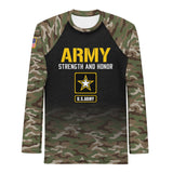 Roll Gear Men's Army Classic Long Sleeve Rash Guard with black body, woodland camo sleeves, yellow U.S. Army lettering, and star emblem.