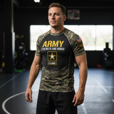 Roll Gear Unisex Army Classic short sleeve rash guard in black with camouflage sleeves, featuring yellow "ARMY STRENGTH AND HONOR" text and U.S. Army logo.