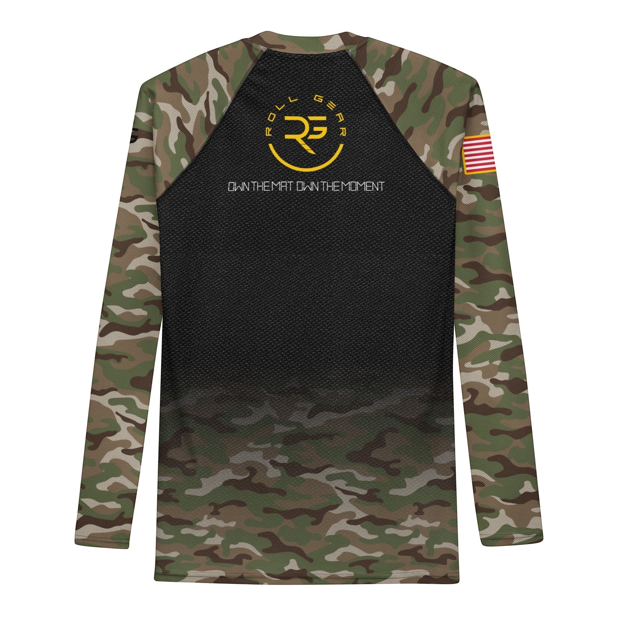 Roll Gear Men's Army Classic Long Sleeve Rash Guard, flat back view, Roll Gear emblem and flag patch.