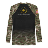 Roll Gear Men's Army Classic Long Sleeve Rash Guard in black with woodland camo sleeves and yellow U.S. Army lettering.