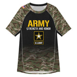 Roll Gear Unisex Army Classic Short Sleeve Rash Guard in black with camo sleeves, yellow U.S. Army logo and star emblem. Performance polyester blend.