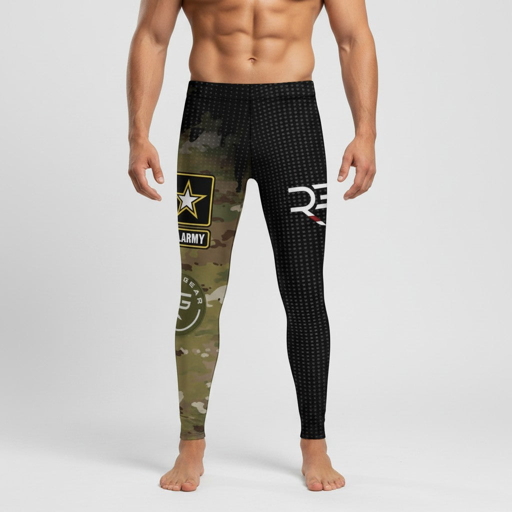 Roll Gear Men's Army Compression Spats in black camo and black with U.S. Army logo. Four-way stretch polyester-spandex fabric.