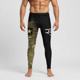 Roll Gear Men's Army Compression Spats in black camo and black with U.S. Army logo. Four-way stretch polyester-spandex fabric.