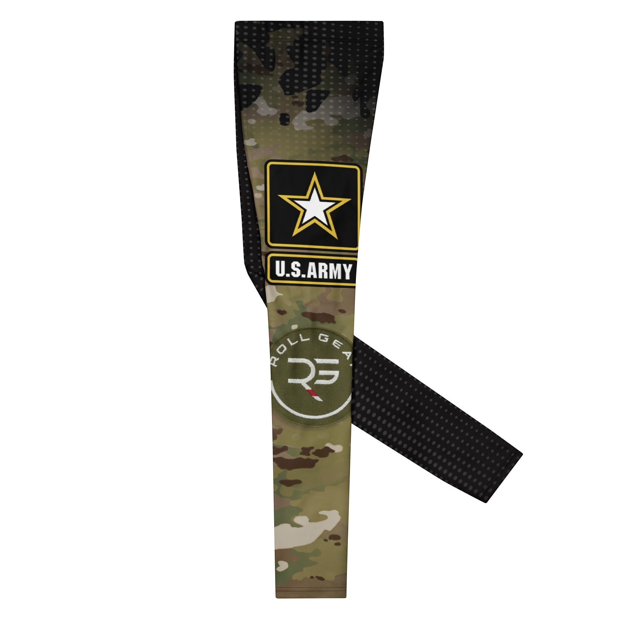 Roll Gear Men's Army Compression Spats in black camo with U.S. Army logo. Four-way stretch polyester-spandex blend.