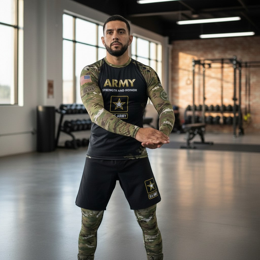 Roll Gear Men's Army Compression Spats in black camo. Features a split design with U.S. Army graphics. Ideal for BJJ, MMA, and gym training.