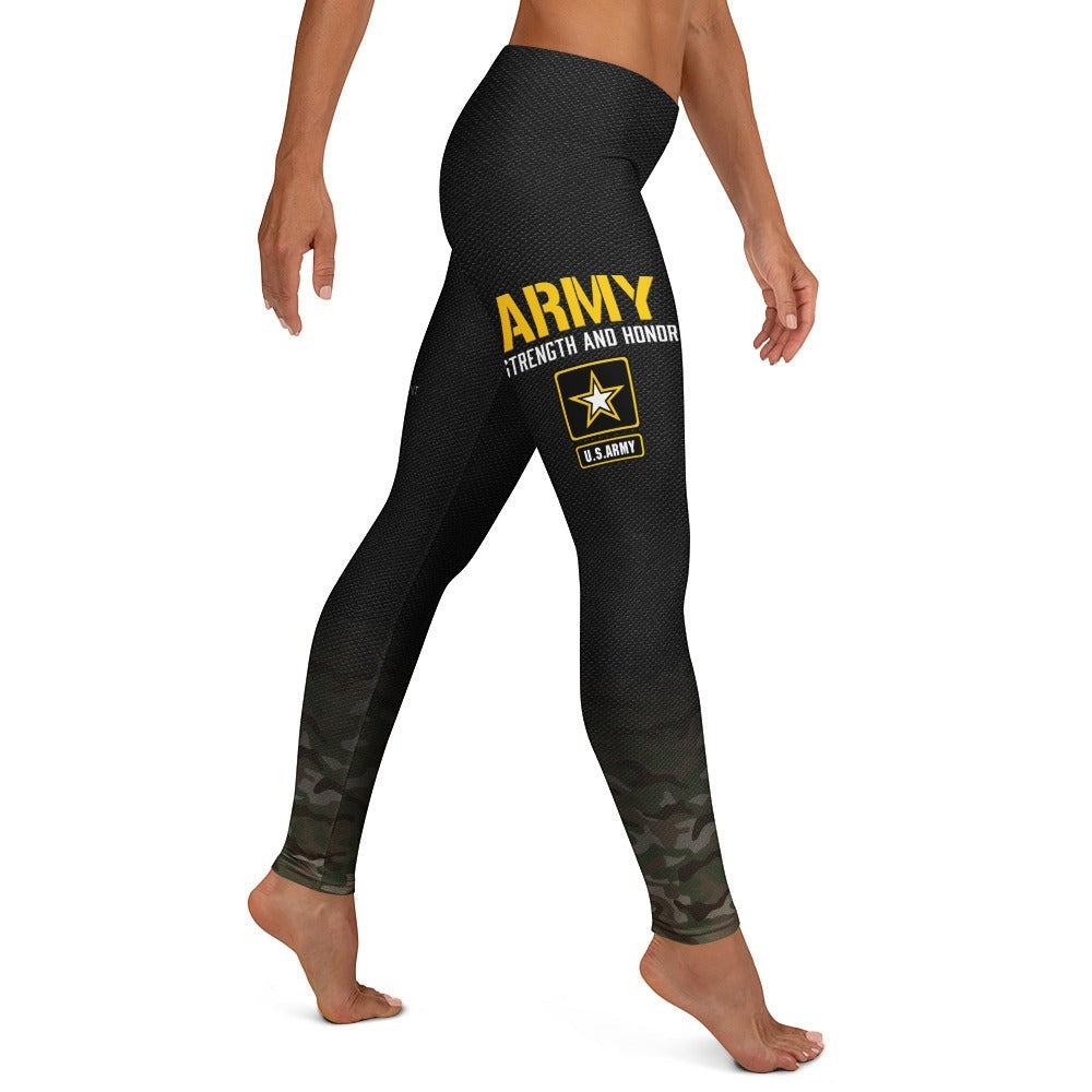 Roll Gear women's black compression spats with a camouflage fade at the ankles and bold yellow Army graphics.