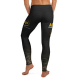 Roll Gear women's black compression spats with a camouflage fade at the ankles and yellow Army lettering. Made of polyester and spandex for athletic performance.