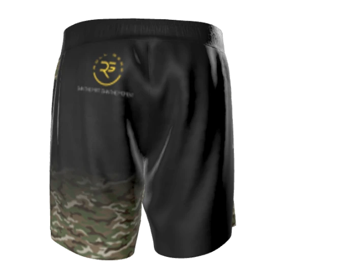 Roll Gear Army grappling shorts in black with camouflage print on the lower leg. Features a split-leg design and 4-way stretch fabric.