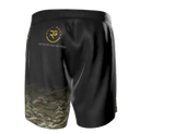 Roll Gear Army grappling shorts in black with camouflage print on the lower leg. Features a split-leg design and 4-way stretch fabric.