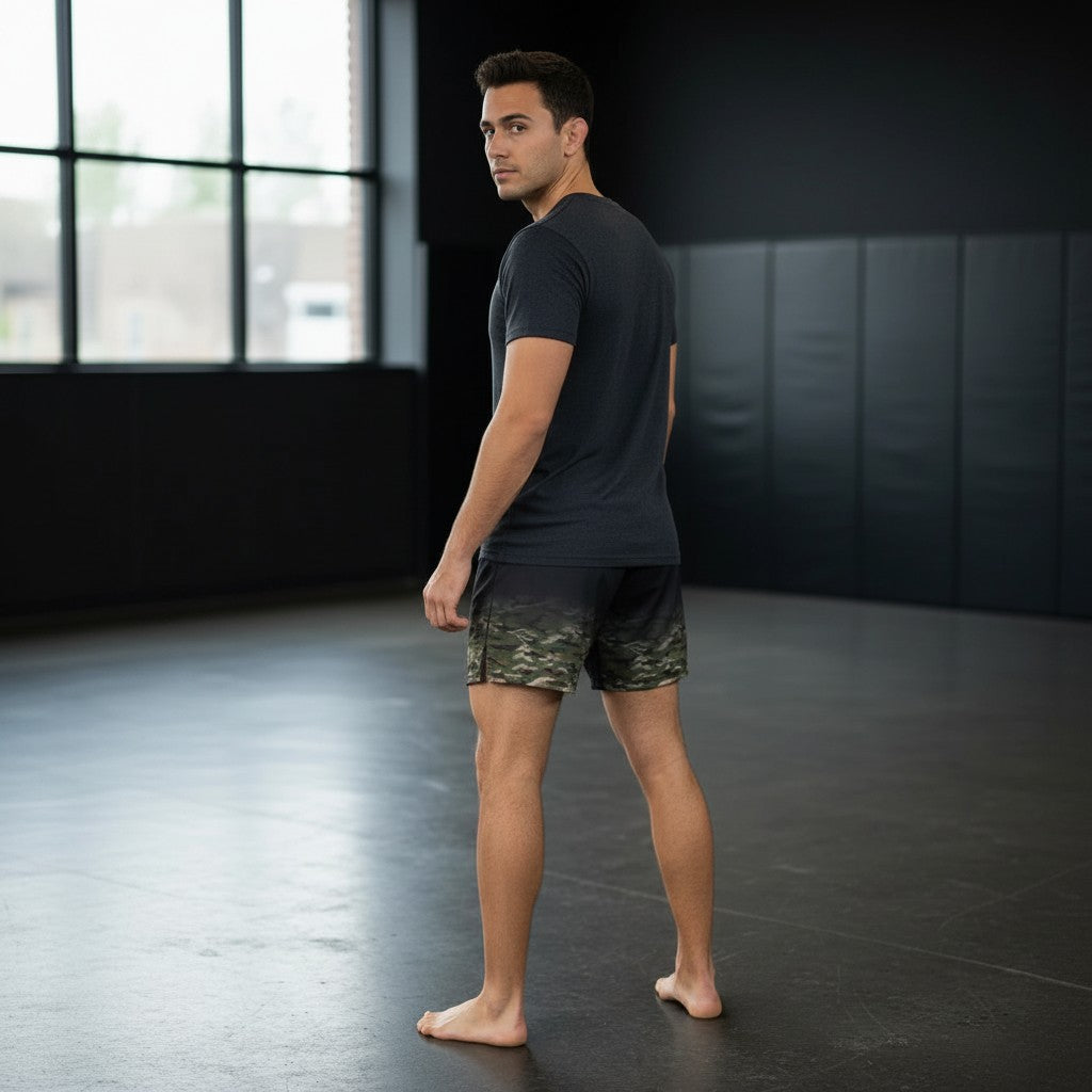 Roll Gear LLC U.S. Army grappling shorts in black with camouflage print on the lower leg. Long cut with split sides for mobility.