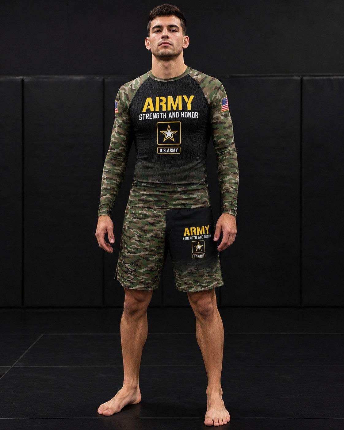 Roll Gear LLC U.S. Army grappling shorts in camouflage with black waistband and U.S. Army logo. Long cut for training.
