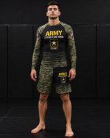Roll Gear LLC U.S. Army grappling shorts in camouflage with black waistband and U.S. Army logo. Long cut for training.