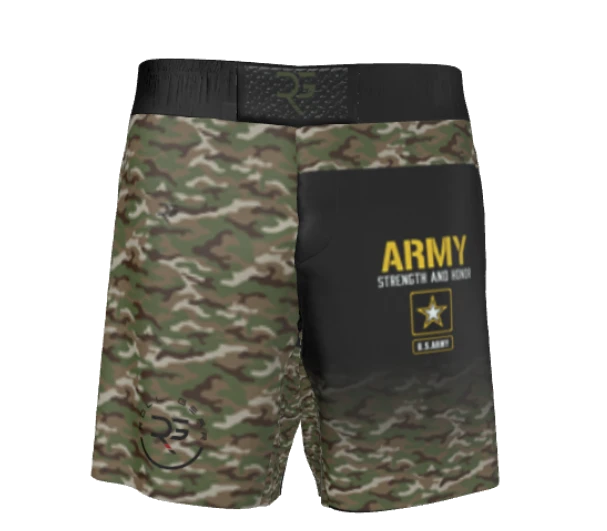 Roll Gear Army grappling shorts with camouflage print and black panels featuring U.S. Army insignia. Long cut with split leg.