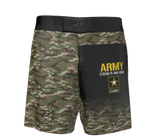 Roll Gear Army grappling shorts with camouflage print and black panels featuring U.S. Army insignia. Long cut with split leg.