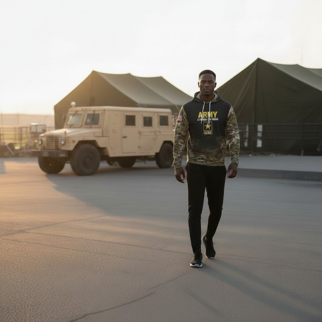 Roll Gear Army Hoodie with camo sleeves, U.S. Army logo, and American flag patch. Two men walking outdoors.