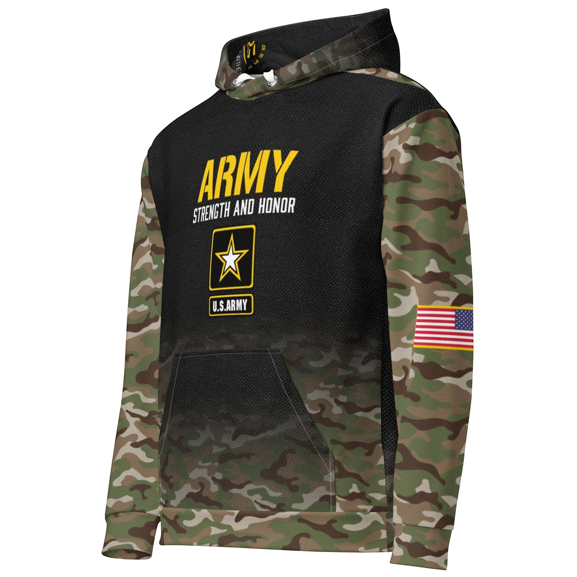 Roll Gear Army Hoodie with camo sleeves, U.S. Army logo, and American flag patch. Made from 95% cotton, 5% elastane.