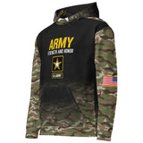 Roll Gear Army Hoodie with camo sleeves, U.S. Army logo, and American flag patch. Made from 95% cotton, 5% elastane.