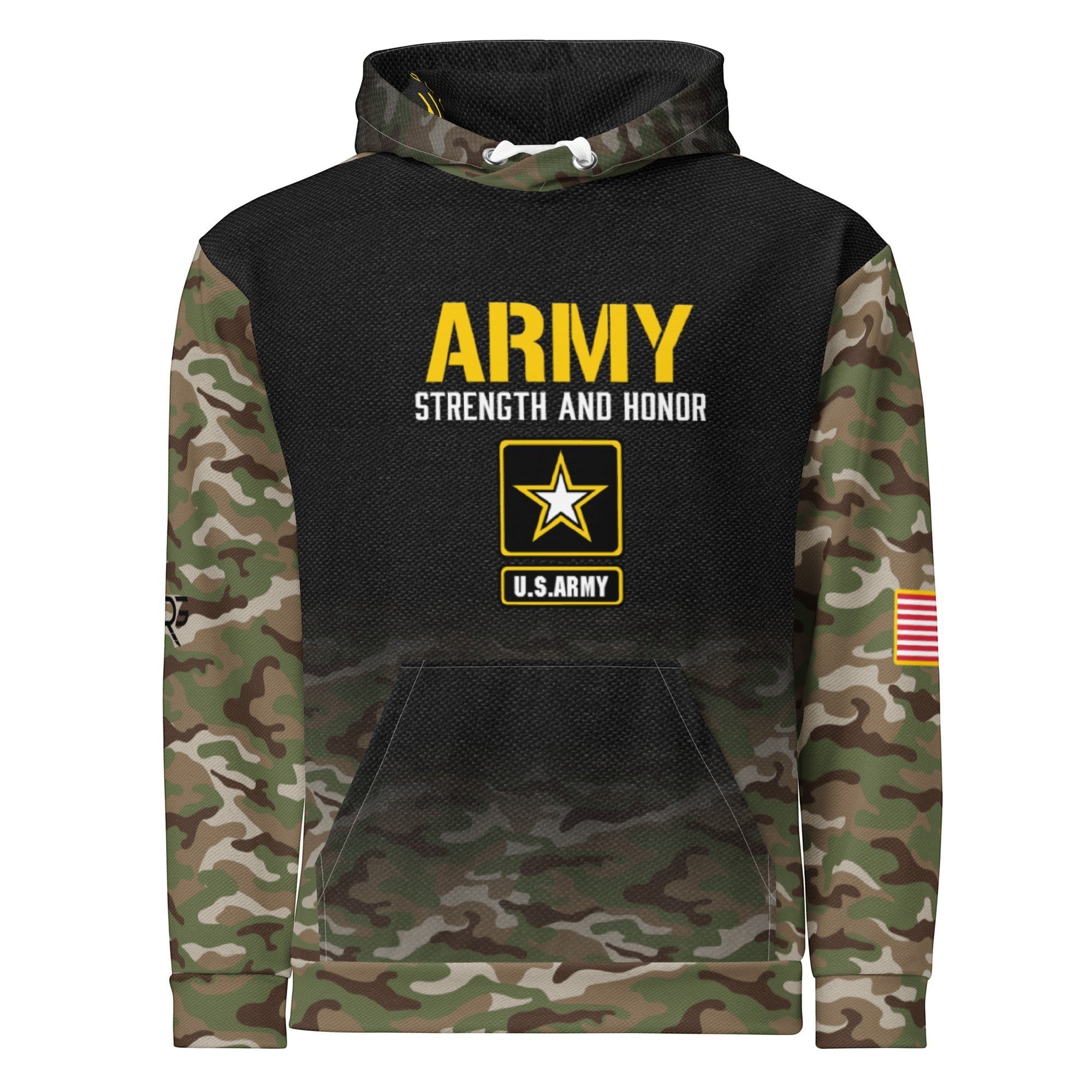 Roll Gear Army Hoodie with camo sleeves, U.S. Army logo, and American flag patch. 95% cotton, 5% elastane.