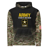 Roll Gear Army Hoodie with camo sleeves, U.S. Army logo, and American flag patch. 95% cotton, 5% elastane.