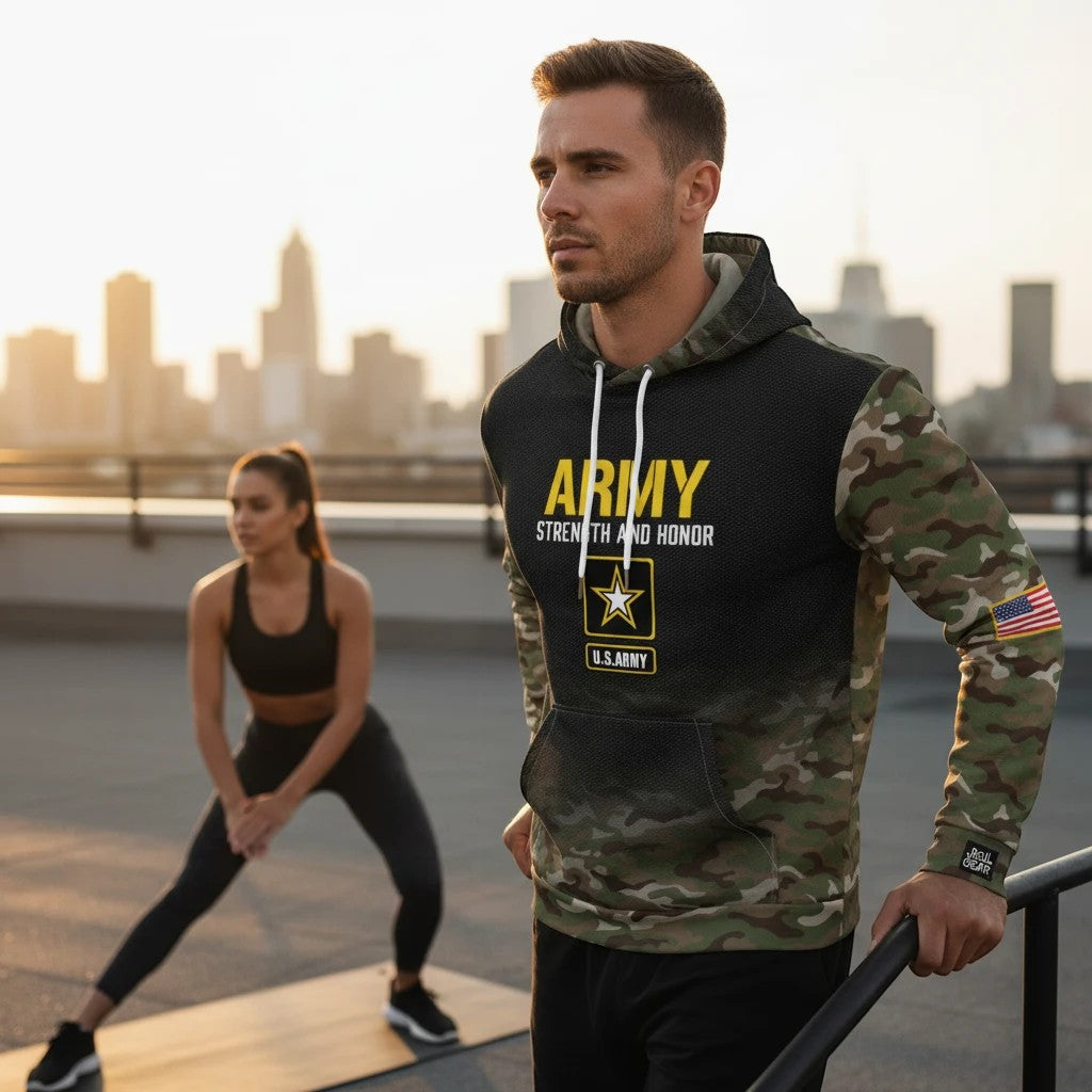 Roll Gear Army Strength and Honor hoodie with camo sleeves and US flag patch. Black body, 95% cotton, 5% elastane.